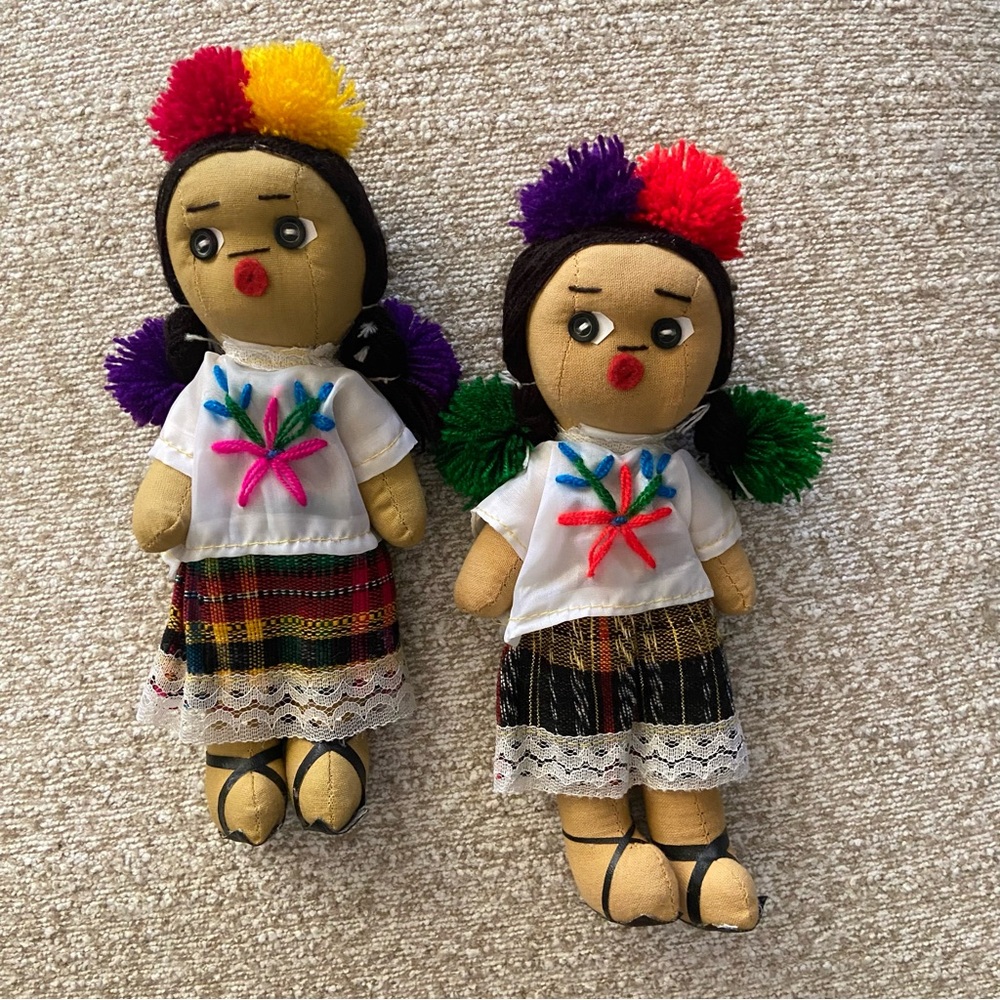 2 Folk Art Handmade Mexican Dolls 10” Tall Braided Pigtails Pom Poms Yarn